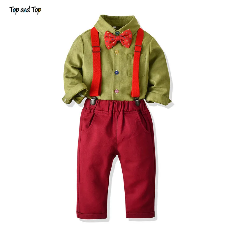 

Top and Top Kids Baby Boy Christmas Clothing Sets Long Sleeve Shirt withe Bowtie+Suspender Pants Gentleman 2Pcs Casual Outfits