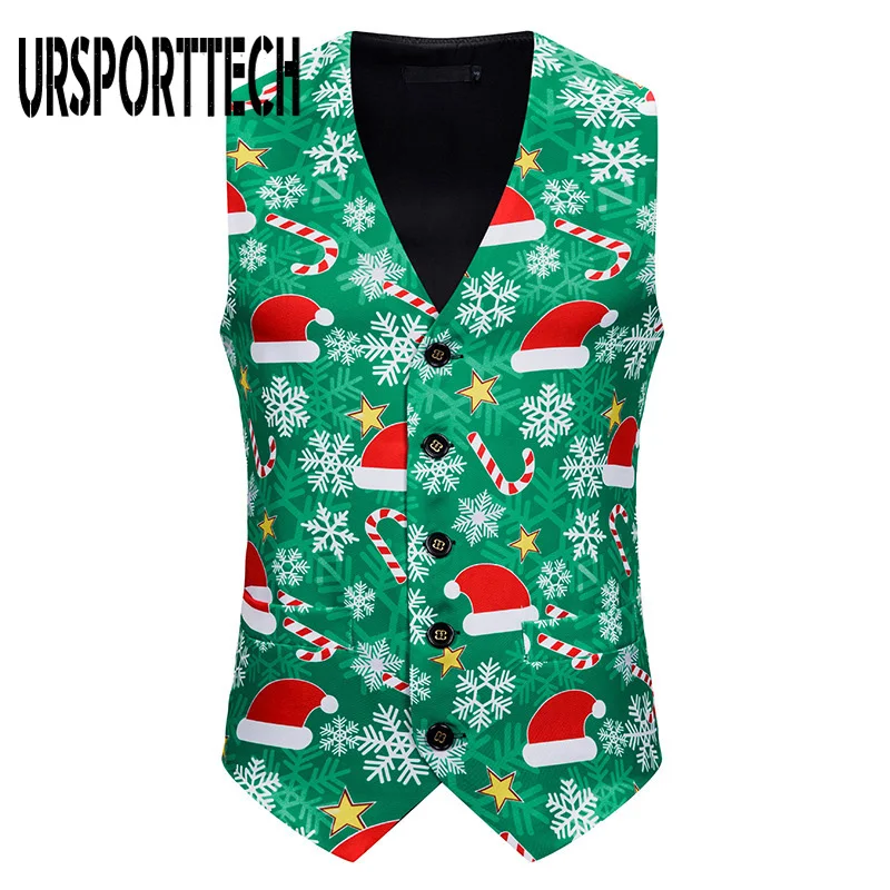 Christmas Vest Men Print 3D Christmas Tree Print Sleeveless Jacket Men Feliz Navidad Party Tuxedo Vests Jackets Chaleco Hombre