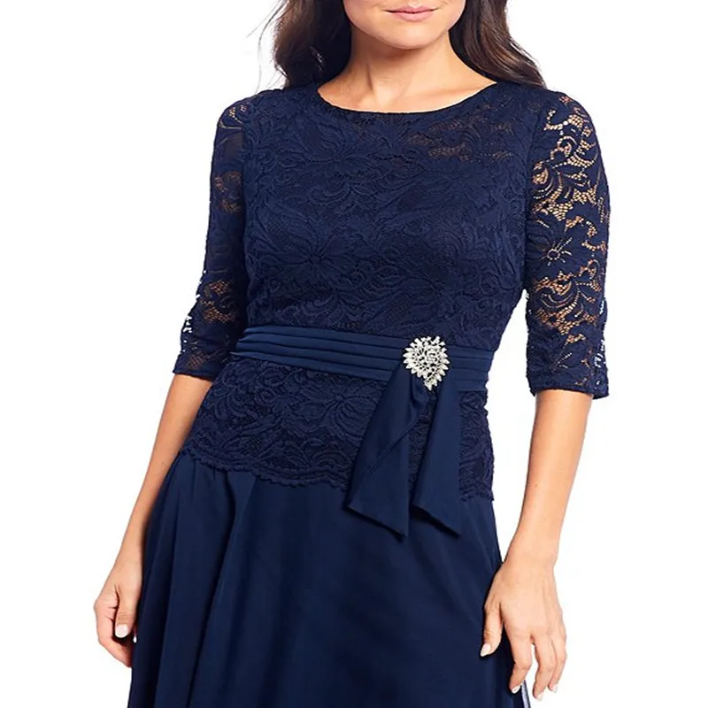 Renda corpete ruched cintura com broach mãe da noiva vestidos 3/4 manga plus size mãe vestidos de noite de madrina