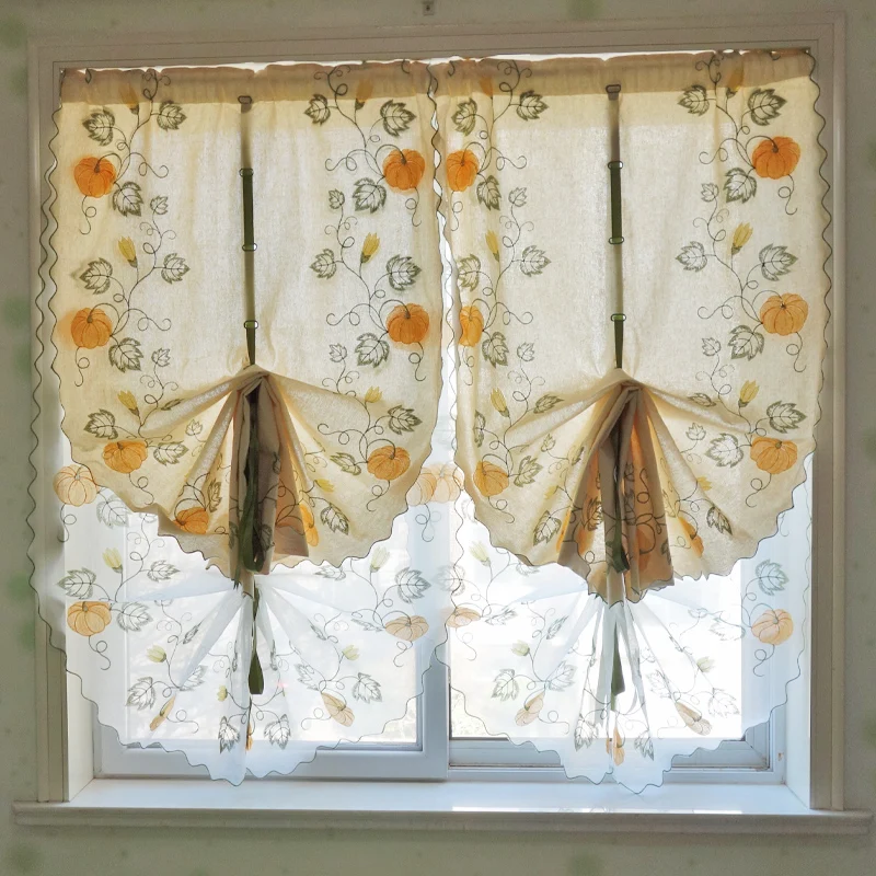 

Pastoral Pasted Roman Curtains for Kitchen Double Layer Semi-Blackout Pumpkin Embroidery Lift Curtain Hollow Out Fan Drapes