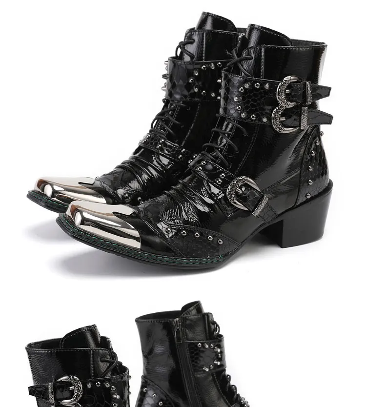 Men's Cowhide Serpentine Print Metal Decor Pointed Toe Belt High‑Heel Short Boots Western Cowboy Boots For Stage Show Party
