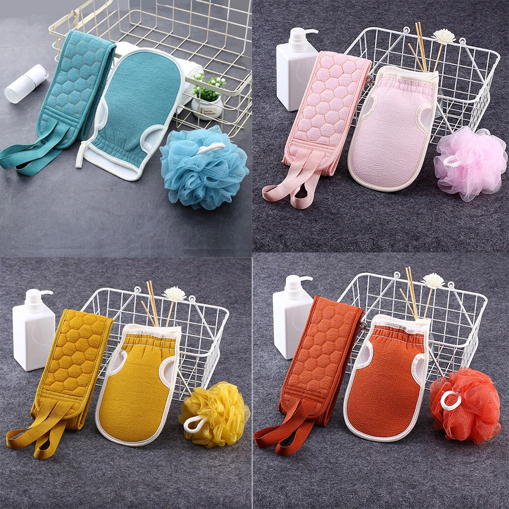 

Bath Towel Three Piece Set Bath Artifact Mud Rubbing Back Foaming Net Pull Back Strip Bath Ball And Bath Set Bath Sponges