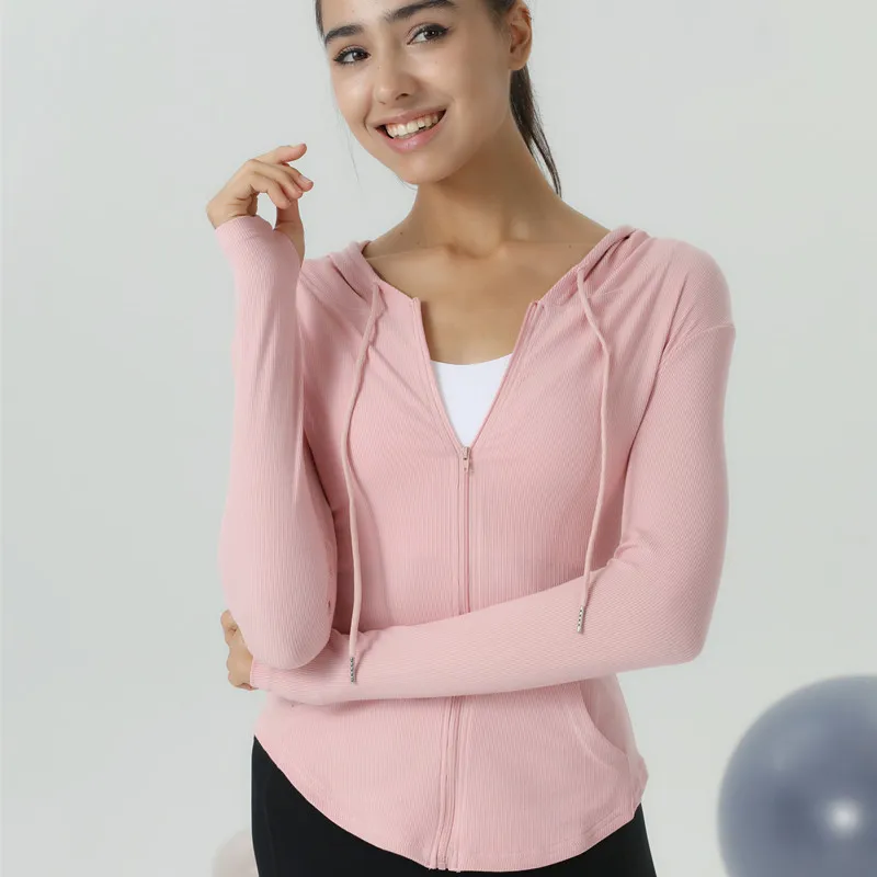 Women Slim Hooded Sport Jacket Long Sleeve Zipper Fitness Yoga Shirt Workout Running Top Gym Activewear Training Coat Sportswear