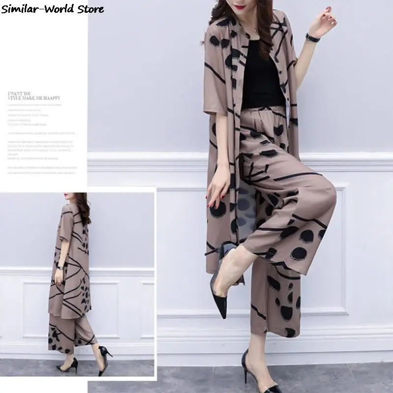 New Spring Summer Fashion 2 Piece Set Women Long Cardigan Blouse And Wide Leg Pant Sets  Elegant Chiffon Pants Suits