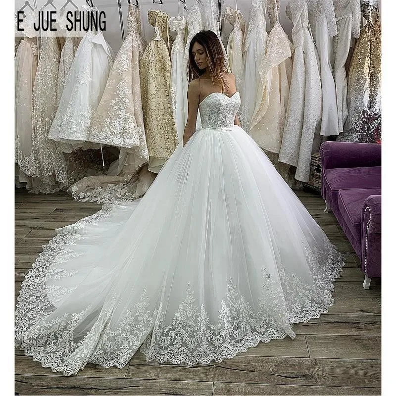 

E JUE SHUNG Gorgeous Backless Wedding Dresses Ball Gown Sweetheart Sleeveless Lace Appliques Bridal Gowns vestido de noiva