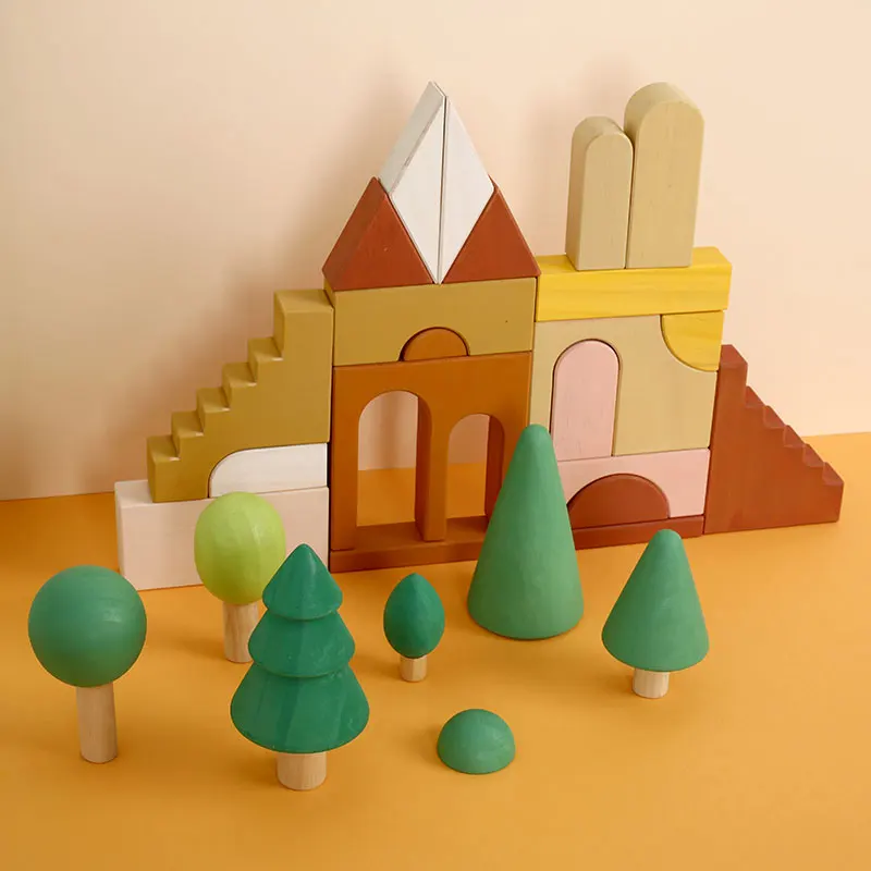 Montessori Rainbow Building Block Solid Wood Educational Toy Rainbow Forest Castle Puppet Creative Puzzle Educational Toy To Kid