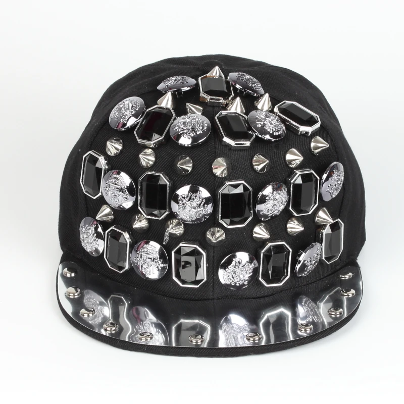 Wholesale European and American Punk Style Rivets Flat Eaves colored metal brim rebound Hip-Hop Snapback Cap Sports Hats