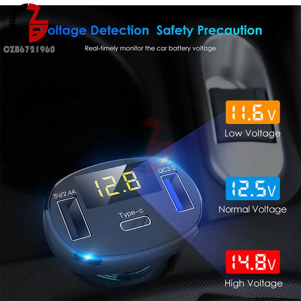 Type-C USB C QC3.0 QC2.0 Fast Quick Car Charger Voltmeter Battery Capacity Indicator 5V 12V 24V 2.4A 32W Voltage Meter for Phone