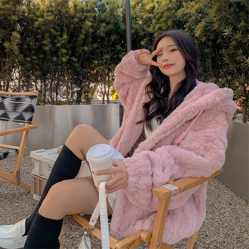 2024 inverno nuove donne con cappuccio cappotto di pelliccia di coniglio finto coreano rosa albicocca viola cerniera manica lunga Casual femminile caldo peluche Outwear