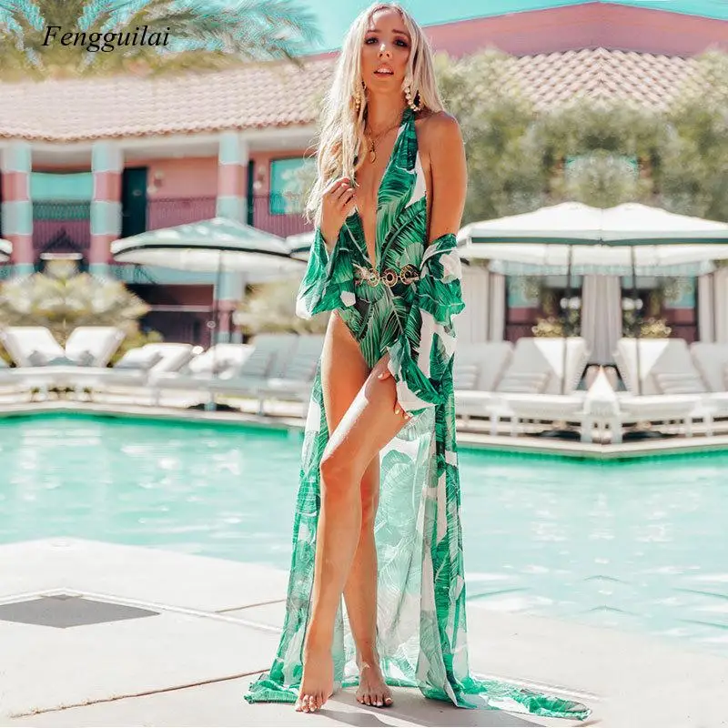 2020 New Swimming Bikini Banana Leaf Print Chiffon Beach Cover Up Holiday Sunscreen