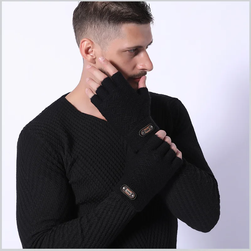 Fashion Winter Acrylic Wool Plus Plush Thick Jacquard Knit Warm Half Finger Mittens Men Full Finger Touch Screen Gloves C2