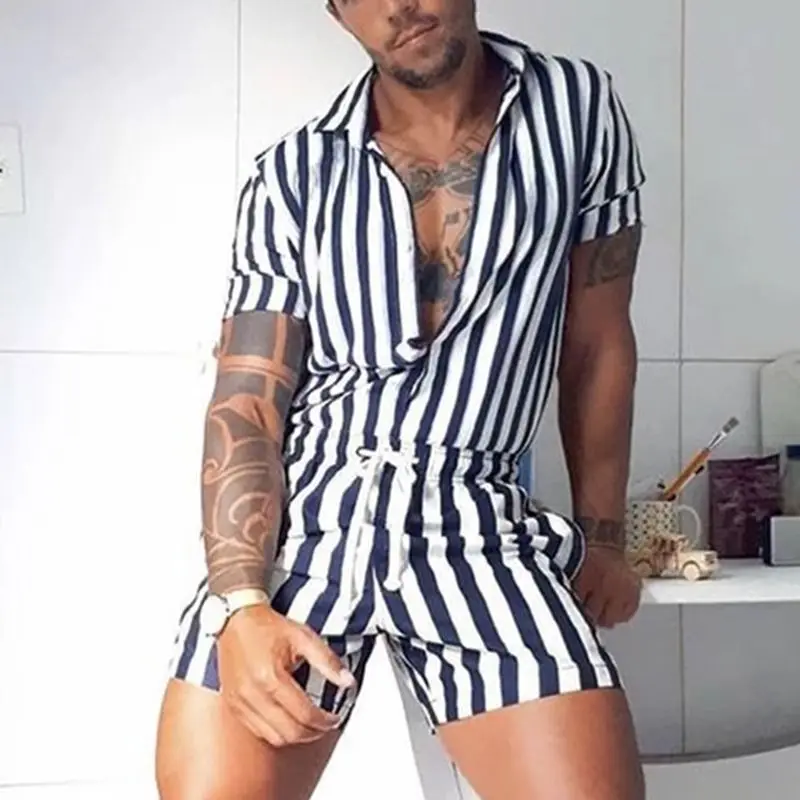 2023 Men’s Striped Rompers Fashion Casual Playsuit Short Sleeve Button Shorts Lapel Jumpsuit Drawstring Streetwear