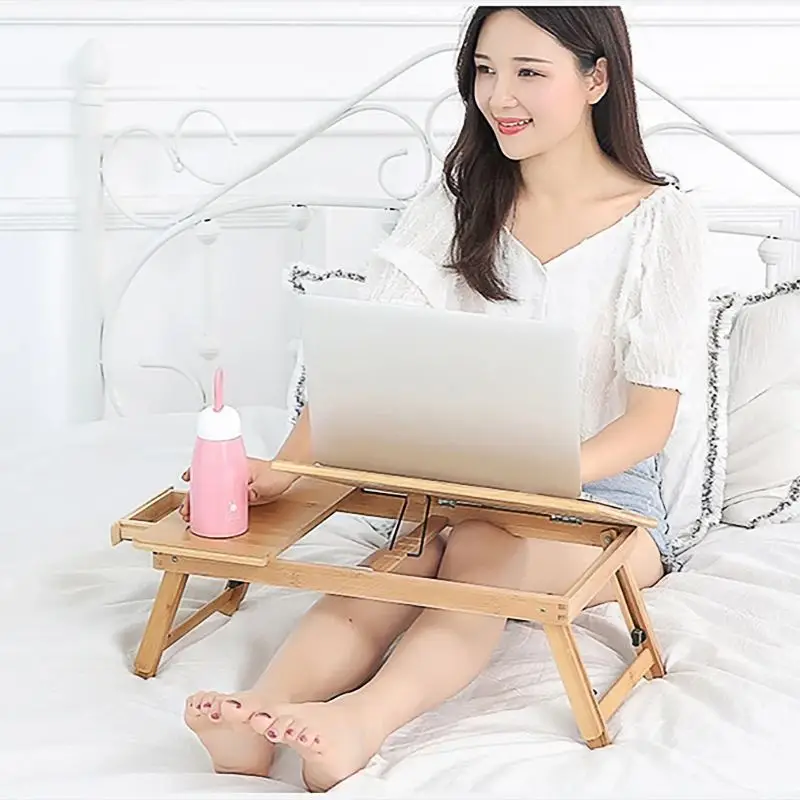 Mrosaa Nature Bamboo Laptop Table Simple Computer Desk With Fan & Drawer For Bed Sofa Folding Adjustable Laptop Desk On The Bed