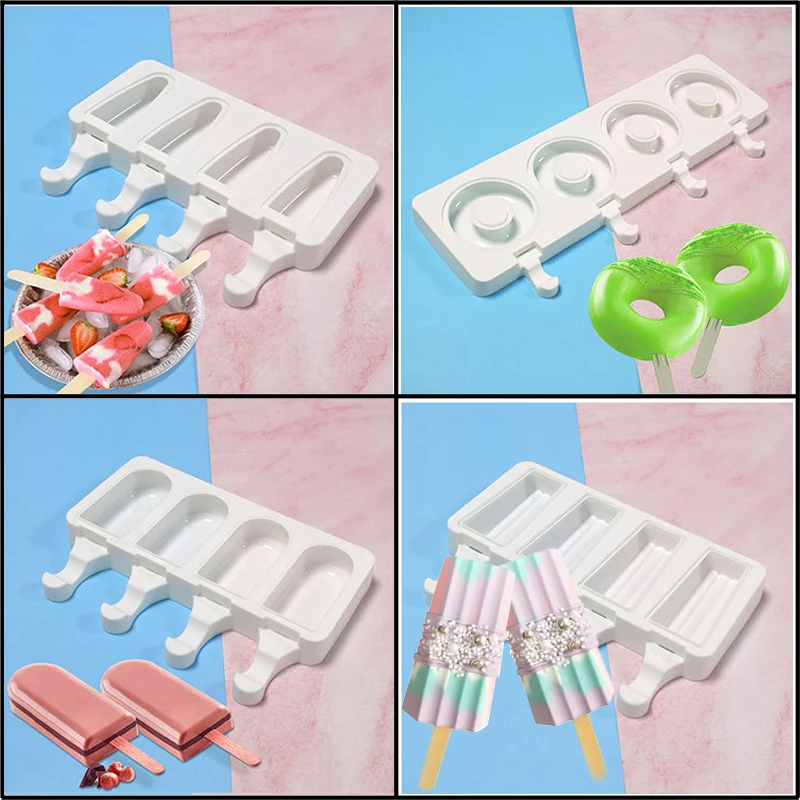 Food Grade 4 Cells Silicone Popsicle Moulds Donuts Shape Ice Cream Molds Summer Ice-lolly Tools Ice Cube Tray and Wooden Sticks