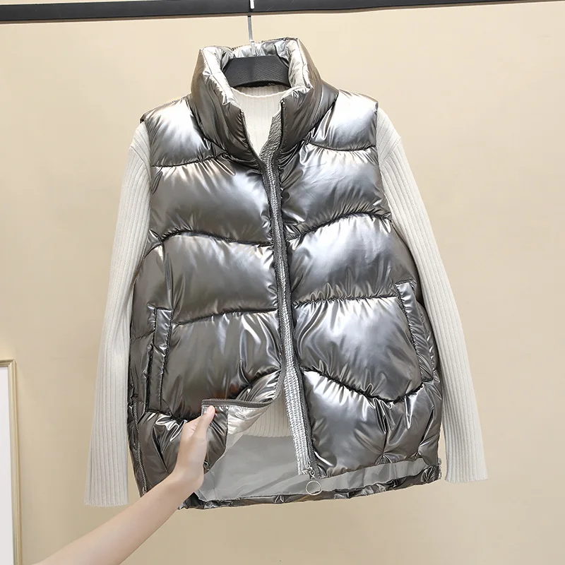 Fashion Glossy Cotton Vest Female NEW Women Cotton Coat   Autumn Winter Jacket Thick Warm Down Cotton Waistcoat Parkas