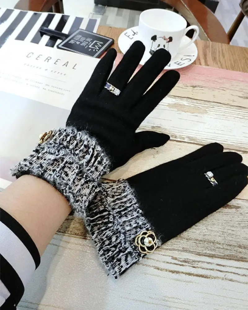 Bowknot Cashmere Gloves Korean Women\'s Winter Thickening Warm Touch Screen Gloves Girls Winter Students Cute Riding Gloves