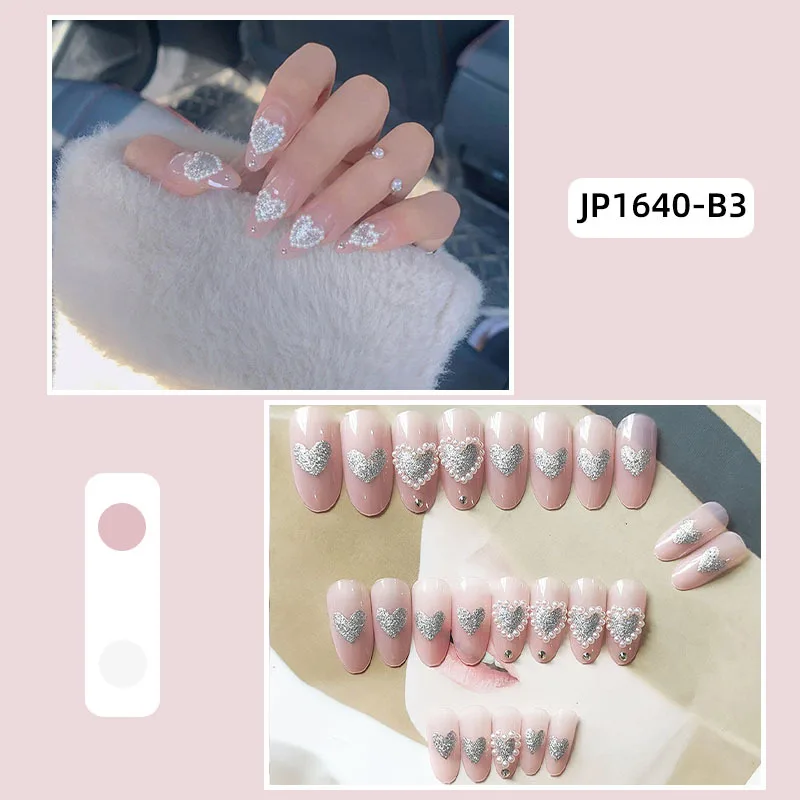 24pcs Pearl Inlaid Nail Patch Flesh Pink Glue Type Removable Long Paragraph Fashion Manicure Save Time False Nail Patch