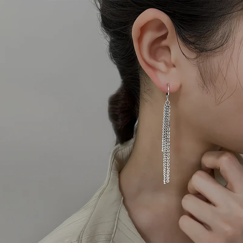CIAXY Silber Farbe Asymmetrische Lange Ohrringe für Frauen Temperament Quaste Ohr Kette Ohr Schnallen Mode Indischen Schmuck Geschenk – Detail 6