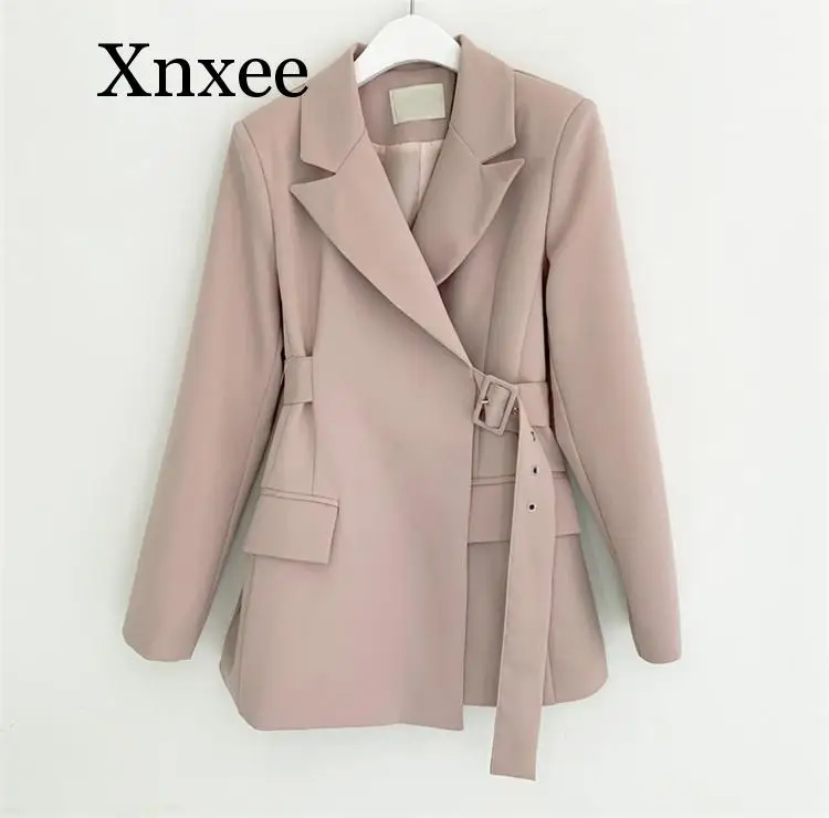 Pink office Autumn Winter Women Jackets Office Ladies Lace Up Formal Outwear Vintage Elegant Solid Pink Black Women Clothes belt