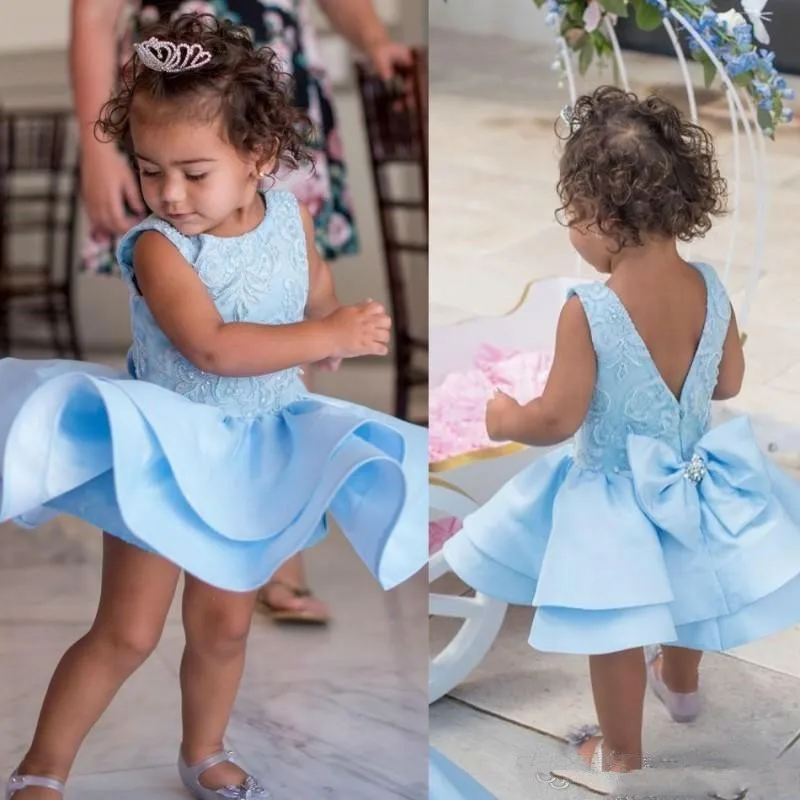 Sky Blue Short Flower Girls Dresses Applique Tiered Girls Party Toddler Pageant Baby Birthday Gowns Kids Cupcake First Communio