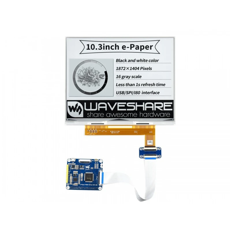 

Waveshare 10.3inch e-Paper e-Ink Display HAT For Raspberry Pi, 1872*1404, Black / White, 16 Grey Scales, USB / SPI / I80