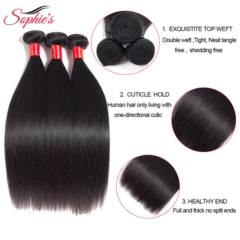 Sophie's Straight Bundles With Closure 8-26" Brazilian Hair Weave Bundles Remy 100% Human Hair 3 Bundles With Closure Extension