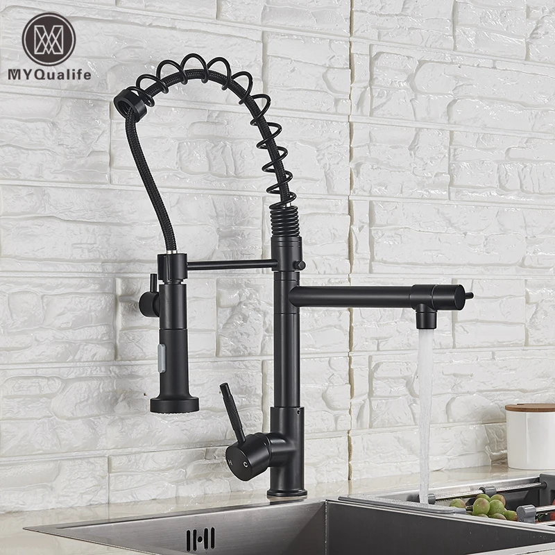 MYQualife Matte Black Finish Dual Spout Kitchen Sink Faucet Deck Mount Spring Kitchen Mixer Tap Kitchen Hot and Cold Water tap