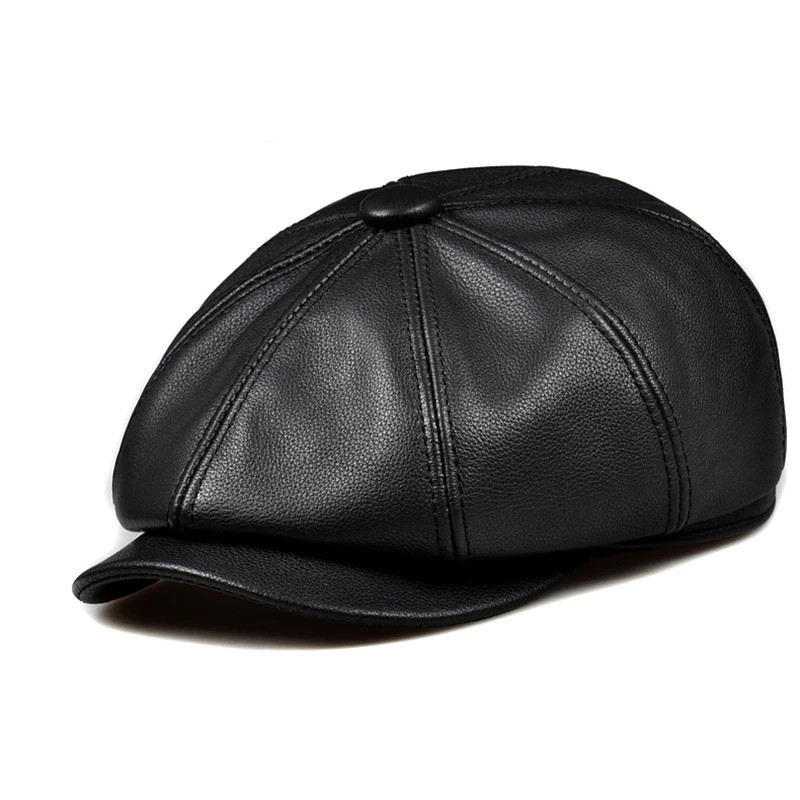 Genuine Leather Hat Autumn Men\'s Cowhide Leather Beret Elegant Fashion Young Student Tongue Cap Snapback Caps For Men Women