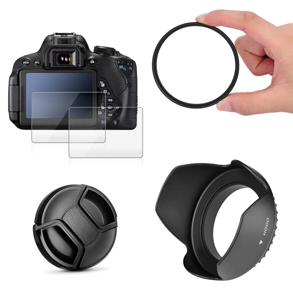 Accessories Kit UV Filter + Lens Hood Cap + 2x Glass LCD Protector for Nikon CoolPix P1000 Digital Camera