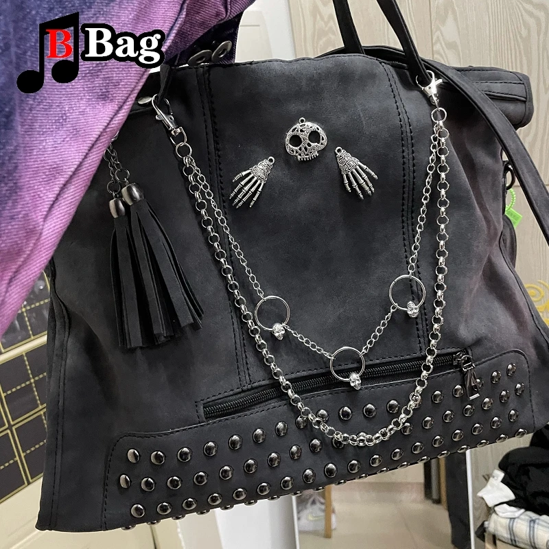 Harajuku Retro Punk Womens Girl Single Shoulder Bags Handbags Goth Skull Chain Decorate Female Large capacity Tote underarm bag