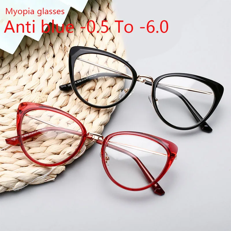 Anti-blue Light Cat Eye Prescription Spectacle Women Myopia Lens Photochromic Glasses Diopter 0 -0.5 -0.75 -1.0 -2.0 To -6.0