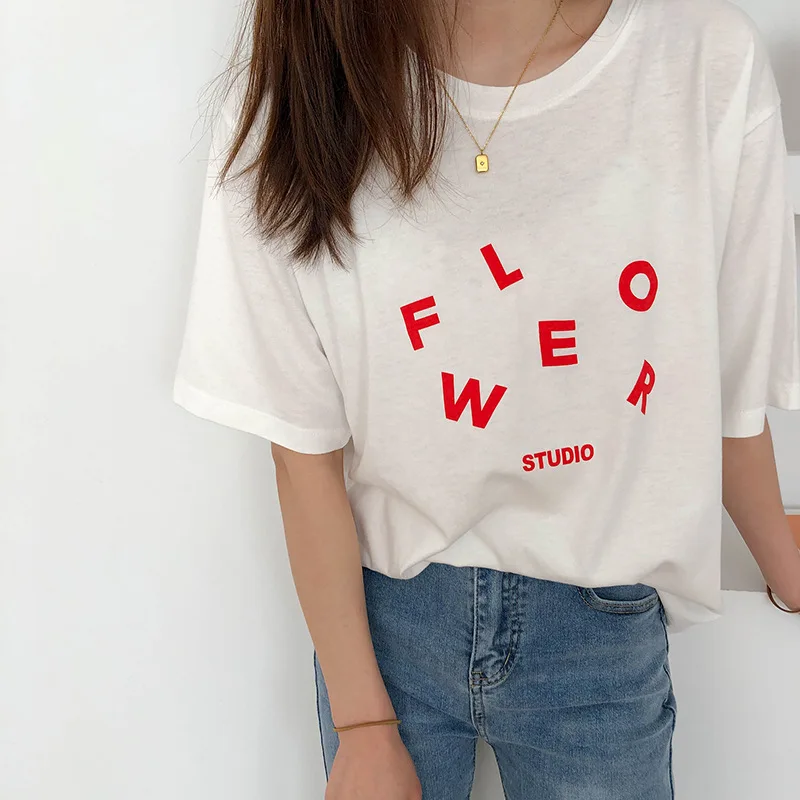 

Summer T-Shirt Women Cute Flower Studio Letter Print Female Short Sleeve Tshirts Casual Fashion Tops Tees