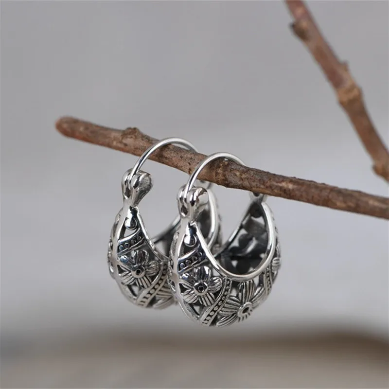 BOCAI S925 Sterling Silber Ohrringe Aushöhlen Blume Korb Retro Alten Totem Ohr Clips Reine Argentum Ohr Schmuck Für Frauen