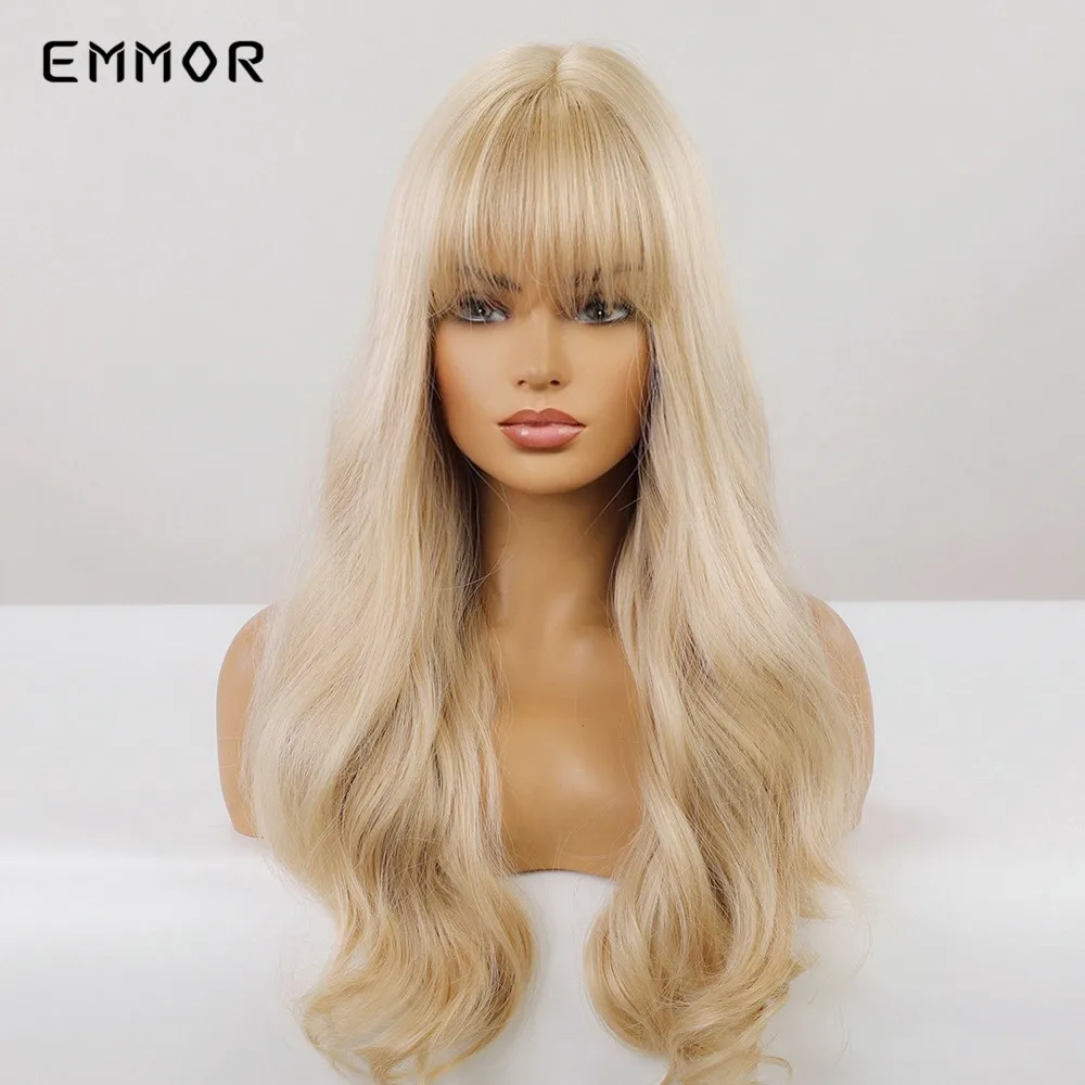 Emmor-Perruque Synthétique Longue Blond Clair avec Frange pour Femme, Cheveux Ondulés Naturels, Haute Température, Moelleux, Cosplay, 03