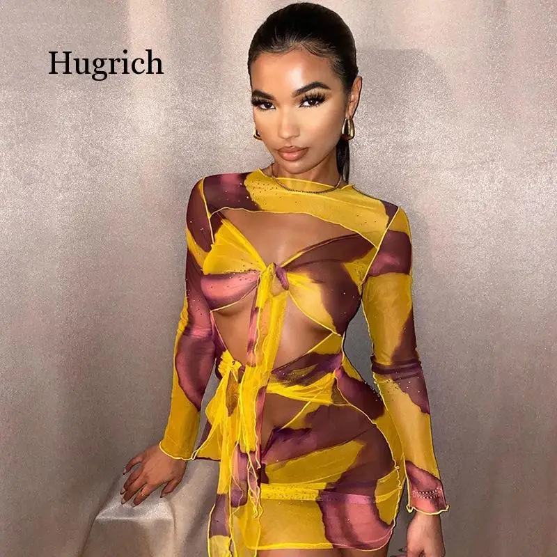 2021 Spring Long Sleeve New Women's Sexy Hollow Out See Through Slim Fashion Print Night Club Dress