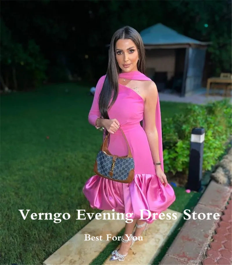 Verngo simples rosa vestidos de baile um ombro manga longa cetim chá comprimento vestidos de noite arabric feminino vestido de festa plus size