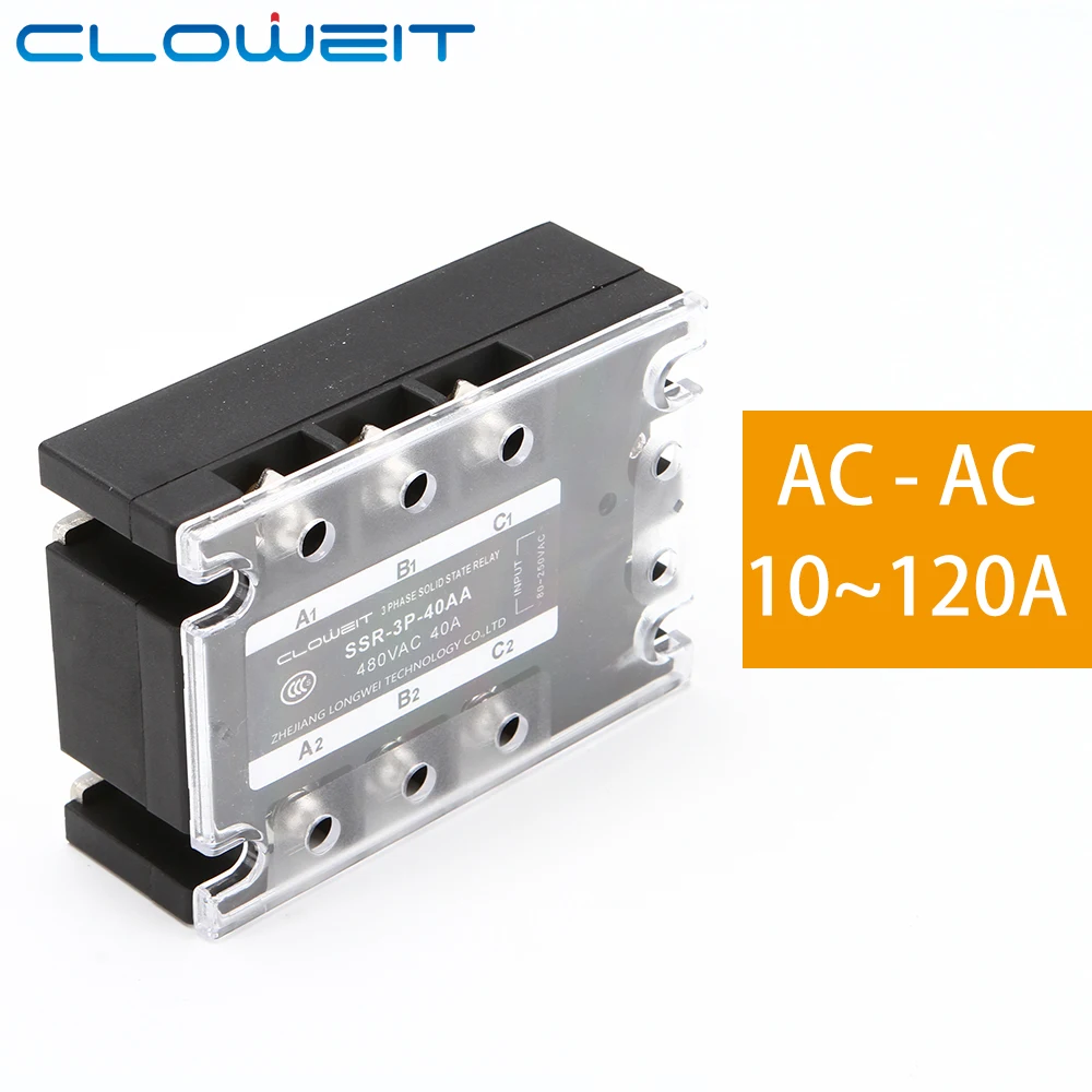 Cloweit 3-Phase SSR DC to AC 10A 15A 25A 40A 60A 80A 100A 120A 3-32VDC Control 24-480VAC CE Solid State Relay