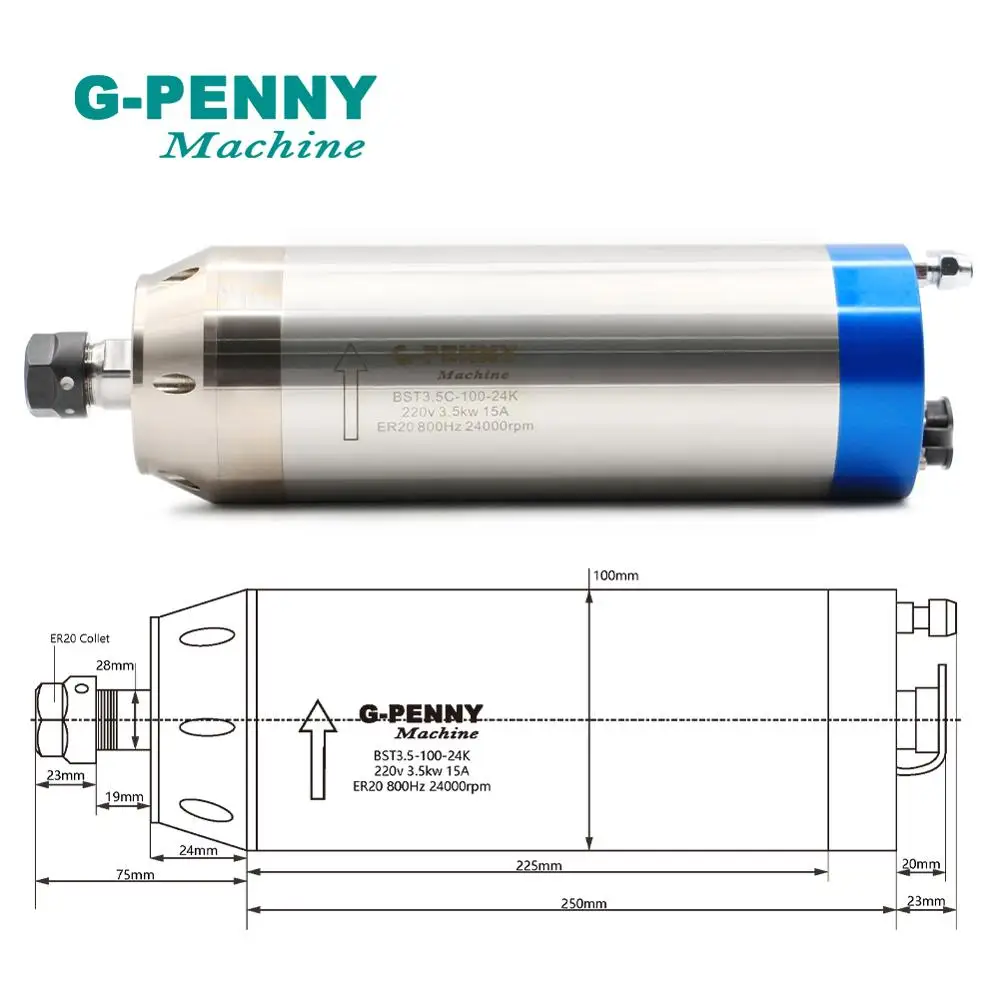 Metal working spindle 3.5kw ER20 water cooled spindle motor pole=4, 800Hz used for metal,copper,iron,stainless steel etc.