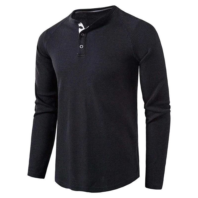 New Henley Collar Tshirt Men Long Sleeve Slim Fit Solid Color Spring Autumn Casual Tops Tees Mens Cotton Full T Shirts Man