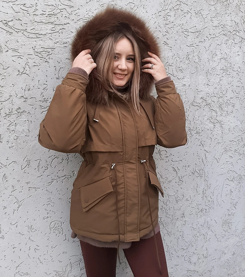 Cotton Padded Plus Size 2XL Winter Big Fur Jacket Women Loose Slim Warm Hooded Parka Coat Down jacket