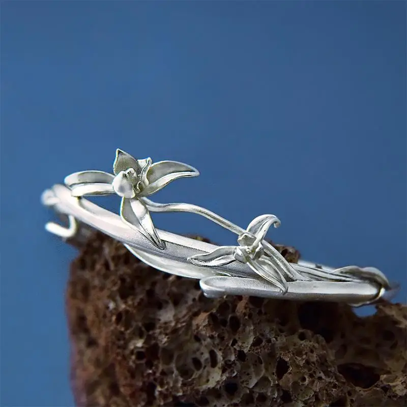 Designer original new handmade ethnic style carved orchid sterling silver bracelet ladies cold exquisite silver jewelry