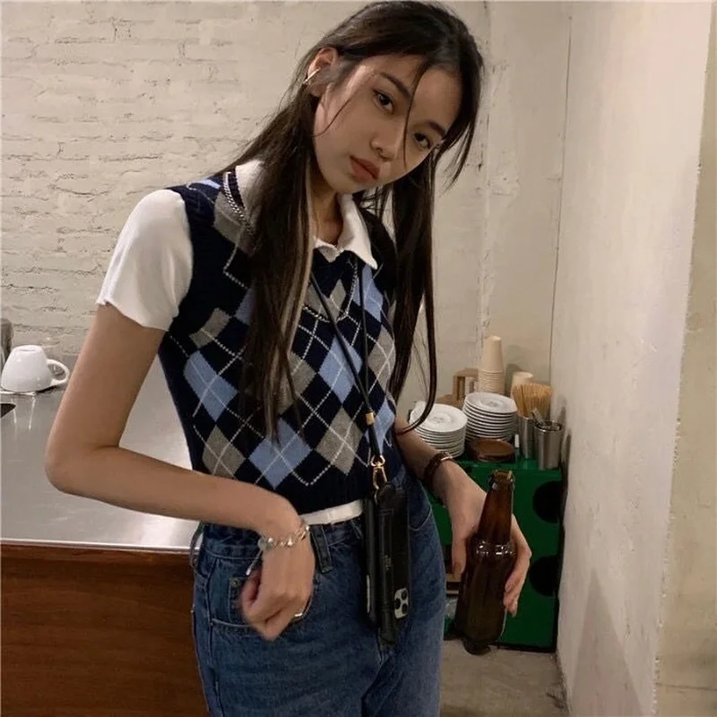 Sweater Vests Women Argyle Crops Knitted Feminine Simple V-neck Streetwear Spring Student Preppy Style Chic Leisure Retro Soft