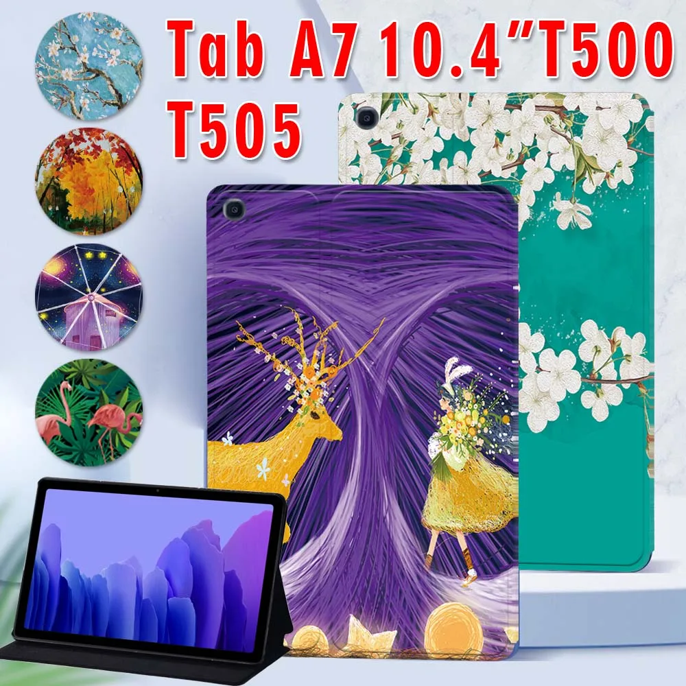 Folding Tablet Stand Cover Case for Samsung Galaxy Tab A7 2020 T500 T505 10.4 Inch Print Series Pattern Case + Free Stylus