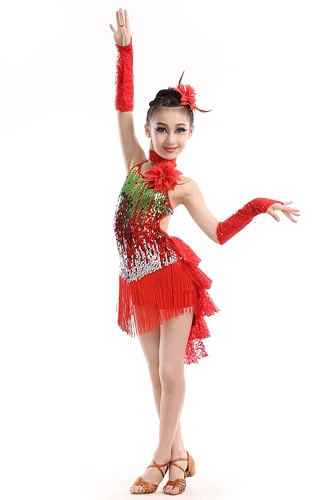 Imagen 2 del producto 1 unids/lote niño chico niños profesional vestido de baile latino para las niñas baile vestidos chico de borla de lentejuelas vestido Latina