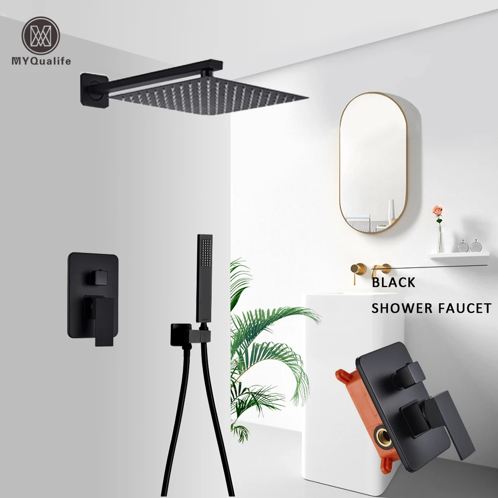 Matte Black Wall Mounted Bathroom Shower Rainfall  Shower Mixed Hot And Cold Water Mixer Tap Embedded Box Control Valve