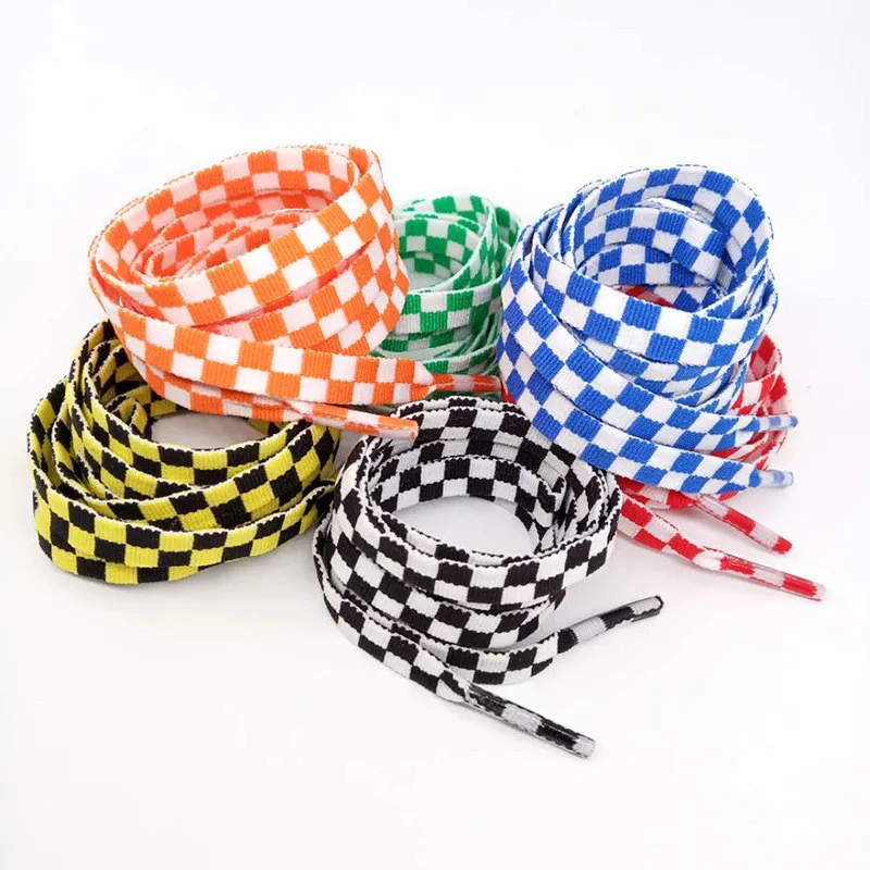 110CM Flat Black And White Grid Shoe Lace Sublimated Printing Polyester Checkered Ribbons Shoelaces Heavy Duty Sneaker Lacing