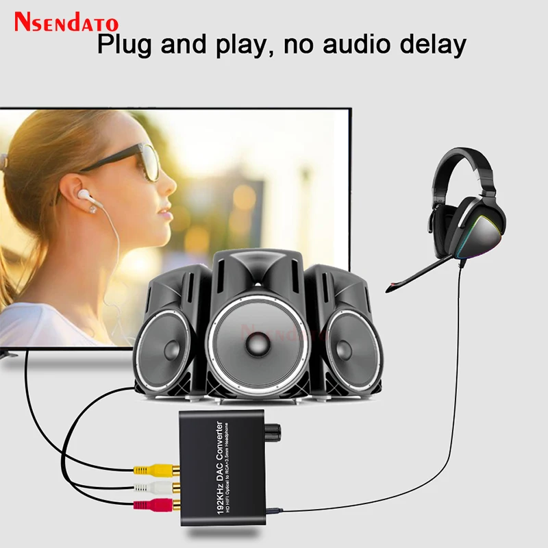 Conversor digital para analógico 192khz, conversor dac hd, hifi óptico spdif coaxial para rca, 3.5mm, controle de volume para dolby ac3
