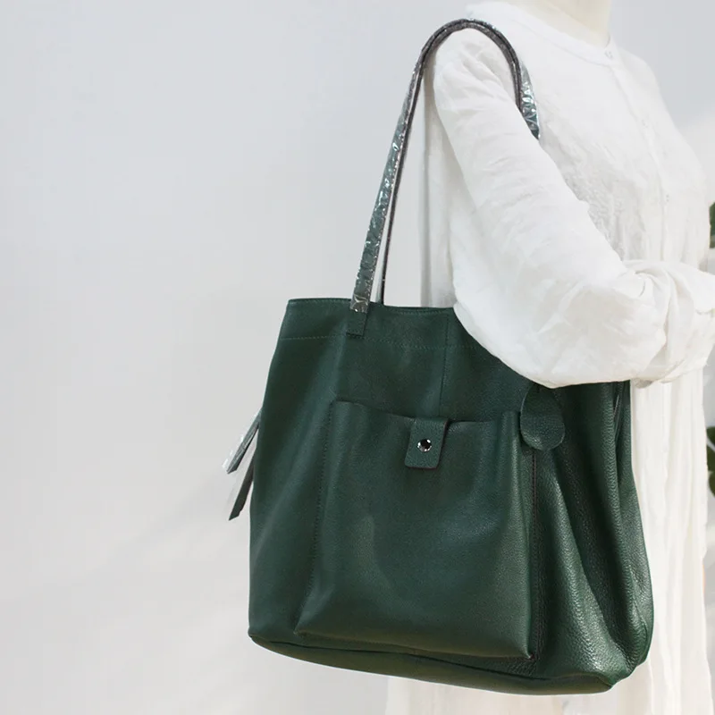 Woman Handbag Large Capacity Genuine Leather Bag Casual Totes Three-layer Big Pocket Design Solid Color Shoulder Bags For Women