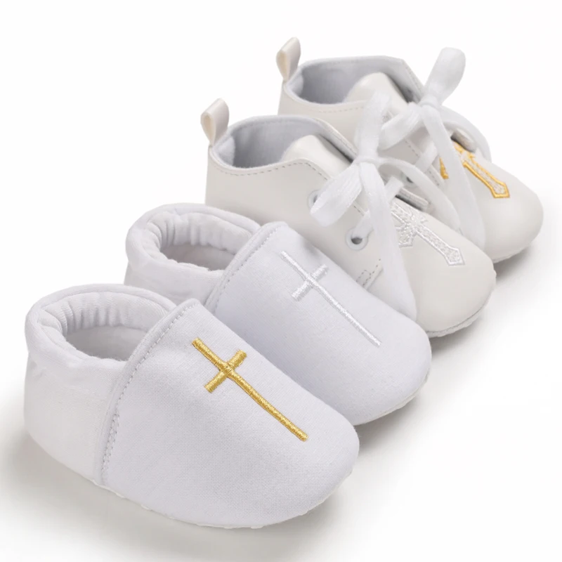 Babies Baptism Shoes  Comfortable Breathable Shoes Embroidery Cross Chapel Soft Soles Shoes 0-18 Months White For Boy And Girl