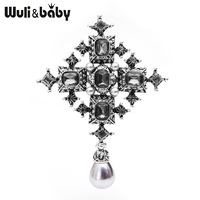 2019 Cross Brooches Unisex Women Vintage Crystal Simualted-Pearl Royal Suit Pins Jewelry Gift